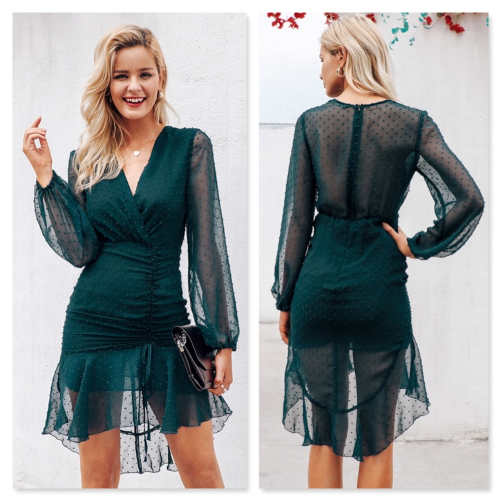 Polka Dot Ruffle Ruched V-Neck Sheath Green Dress - Picture 4 of 8